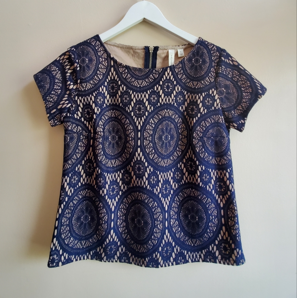 Tacera lace top, short sleeve, small size, Navy colour